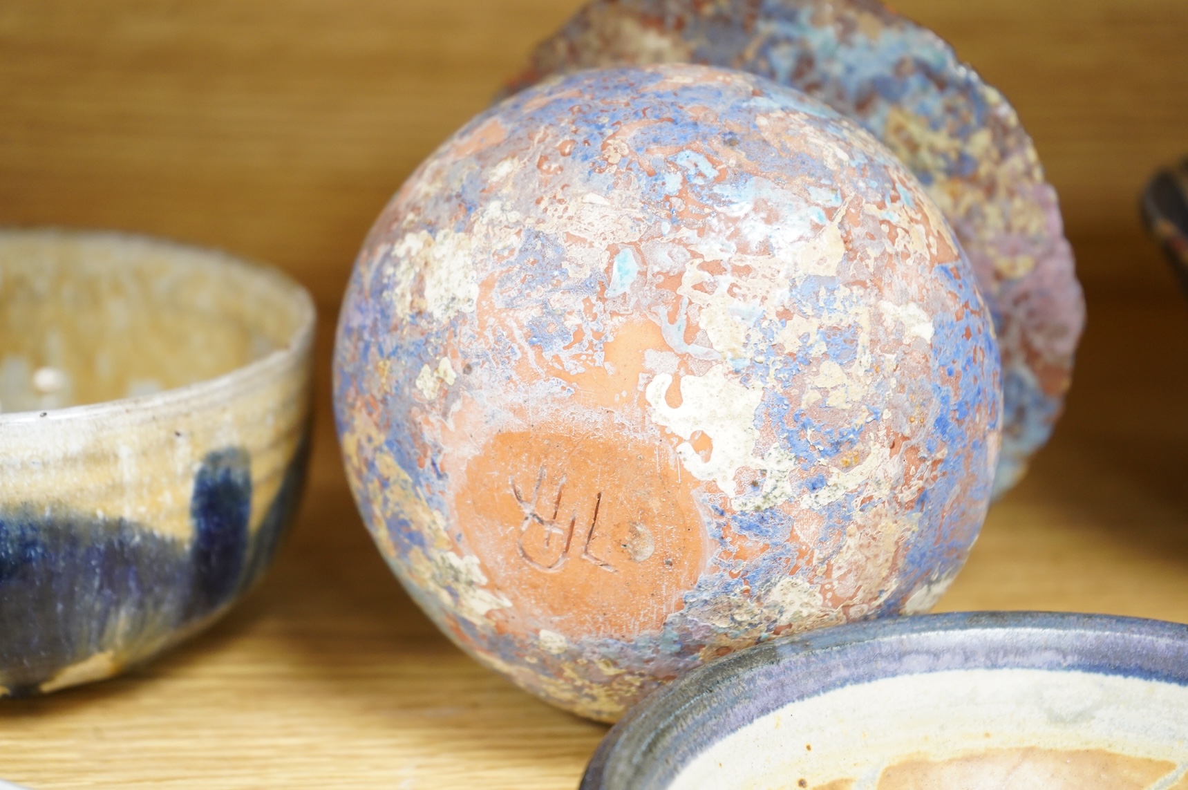 A collection of studio pottery to include crystalline glazed works by Stephen R Jones Des, Brighton, vases and a pair of dishes, largest 22cm high